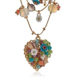 Betsey Johnson Layered Necklace Woven Heart Charm Gold Tone Boho Fashion Signed